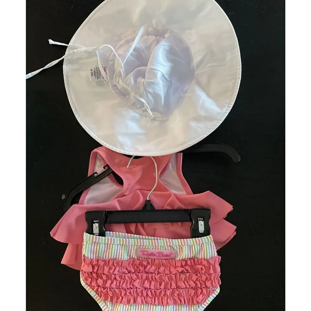 Girl's Ruffle Butts Safari  3 Piece set  Flounce Bikini  + Swim Hat 6-12 Months